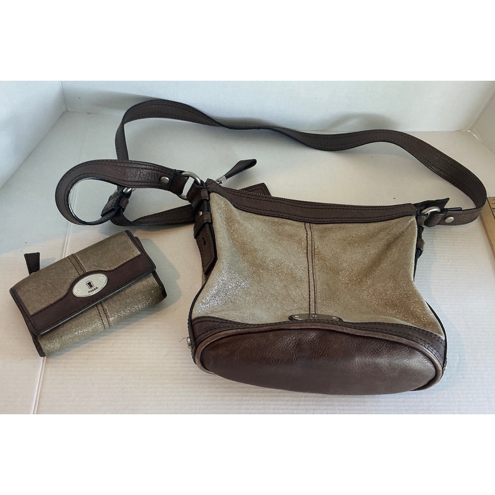 Fossil Vintage Crossbody Bag and Wallet Set Metallic Gold Shimmer Brown Leather